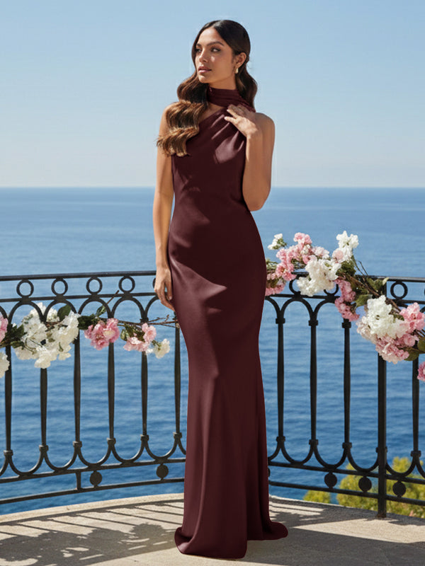 One Shoulder Satin Long Bridesmaid Dresses with Scarf