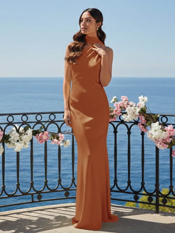 One Shoulder Satin Long Bridesmaid Dresses with Scarf