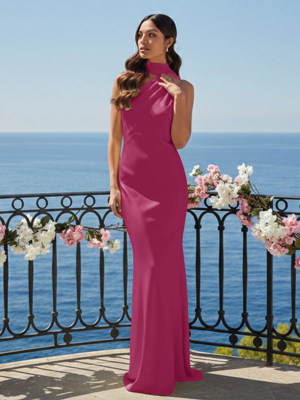 One Shoulder Satin Long Bridesmaid Dresses with Scarf