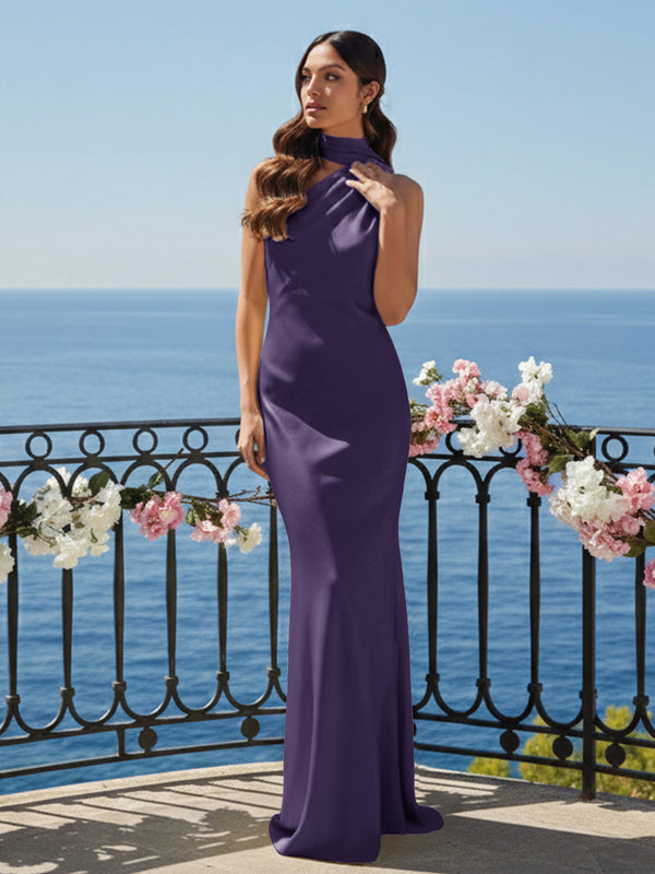 One Shoulder Satin Long Bridesmaid Dresses with Scarf