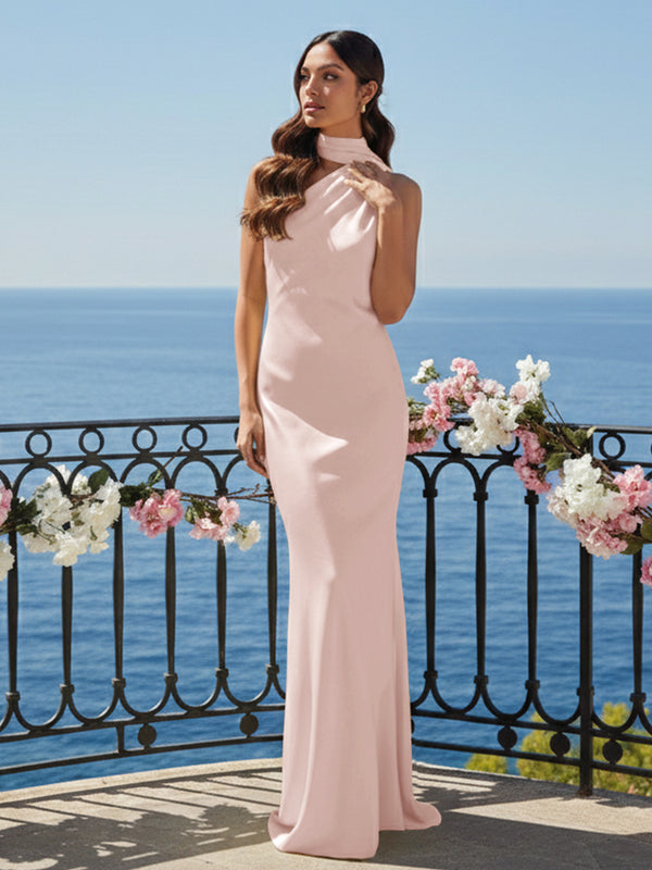 One Shoulder Satin Long Bridesmaid Dresses with Scarf