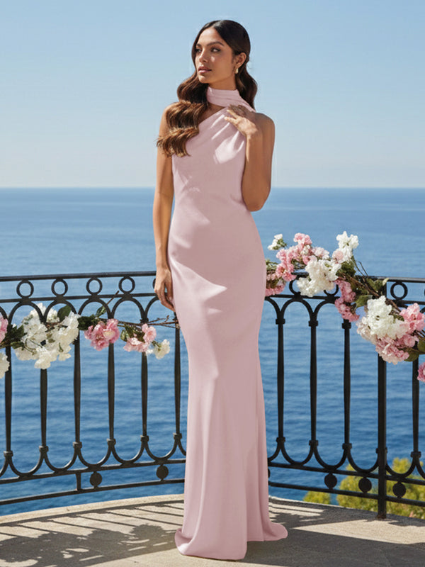 One Shoulder Satin Long Bridesmaid Dresses with Scarf