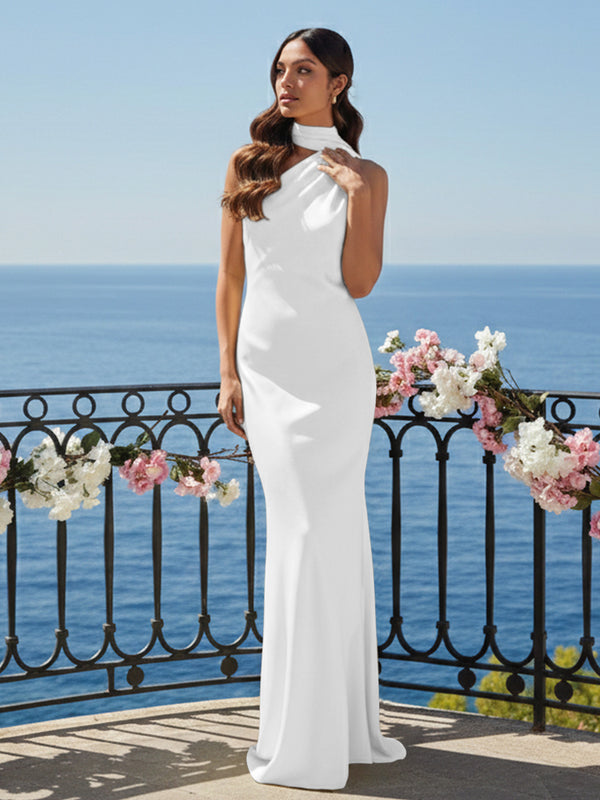 One Shoulder Satin Long Bridesmaid Dresses with Scarf