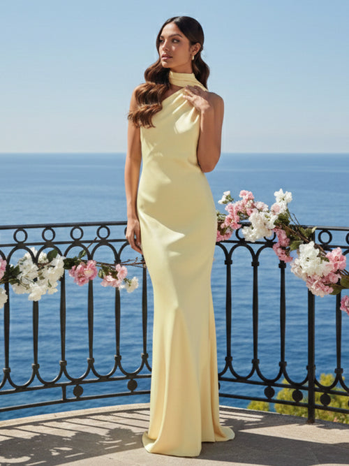 One Shoulder Satin Long Bridesmaid Dresses with Scarf