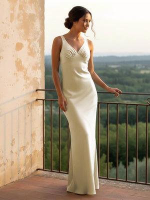 V Neck Pleated Satin Long Bridesmaid Dresses