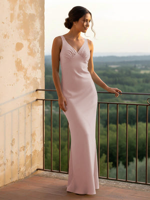 V Neck Pleated Satin Long Bridesmaid Dresses