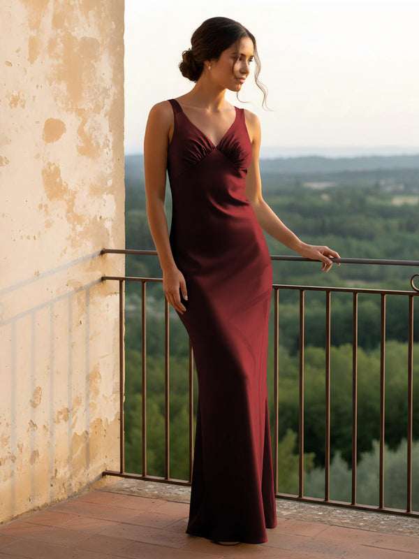 V Neck Pleated Satin Long Bridesmaid Dresses