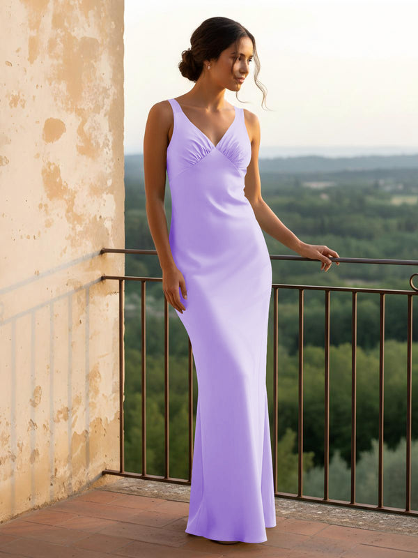 V Neck Pleated Satin Long Bridesmaid Dresses
