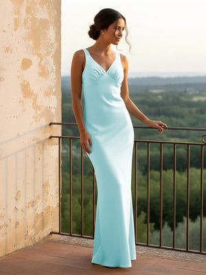 V Neck Pleated Satin Long Bridesmaid Dresses