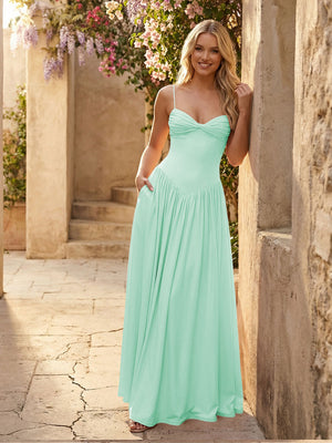 Sweetheart Spaghetti Straps Pleated Chiffon Bridesmaid Dresses