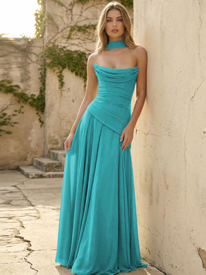 Chiffon Strapless Pleated A Line Bridesmaid Dresses with Scarf