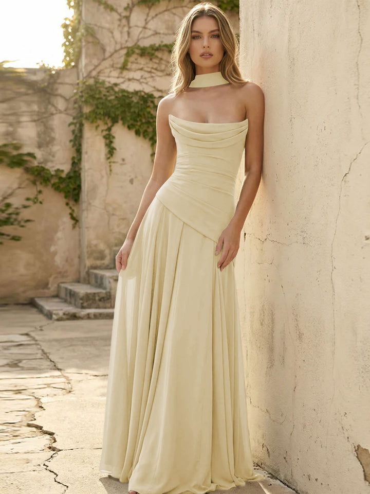 Chiffon Pleated A Line Strapless Formal Dresses with Scarf