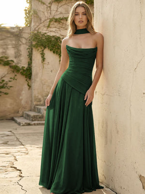 Chiffon Strapless Pleated A Line Bridesmaid Dresses with Scarf