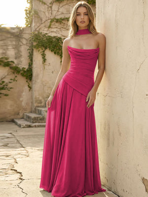 Chiffon Strapless Pleated A Line Bridesmaid Dresses with Scarf