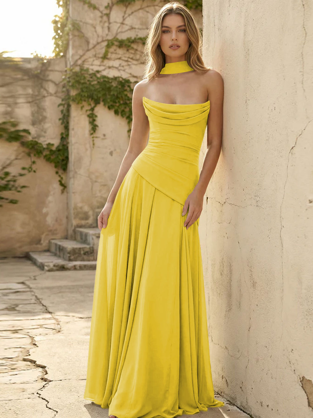 Chiffon Pleated A Line Strapless Formal Dresses with Scarf