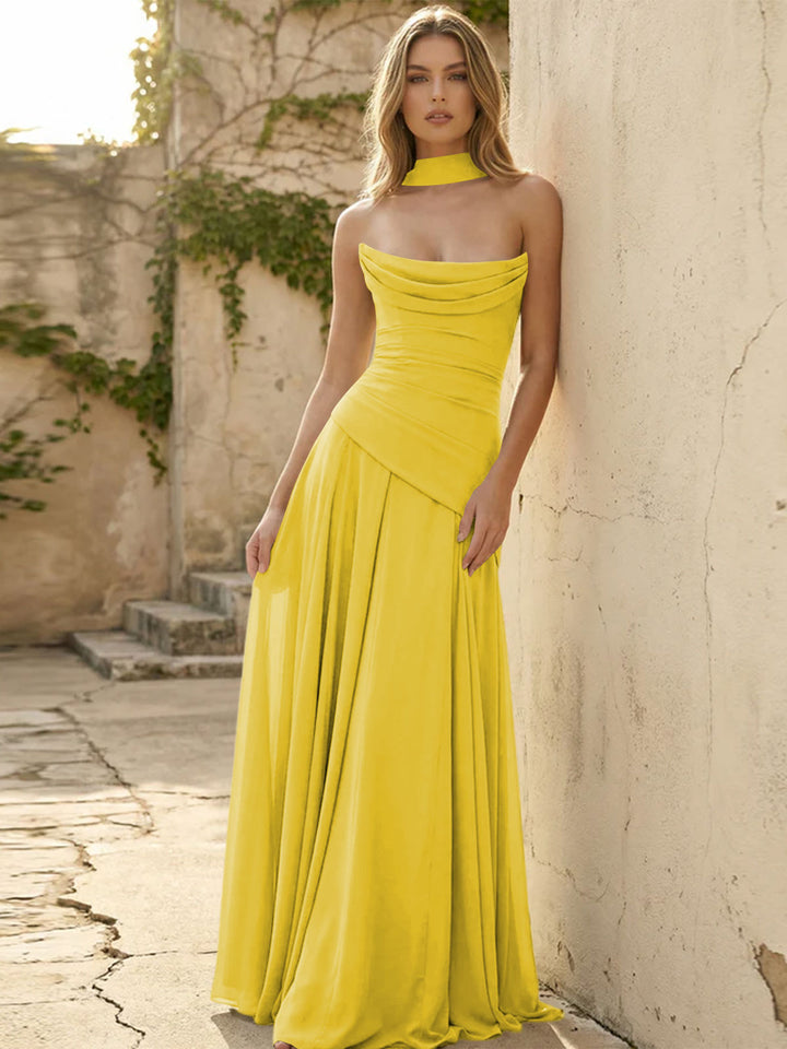 Chiffon Pleated A Line Strapless Formal Dresses with Scarf