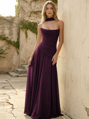 Chiffon Strapless Pleated A Line Bridesmaid Dresses with Scarf
