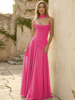 Chiffon Strapless Pleated A Line Bridesmaid Dresses with Scarf