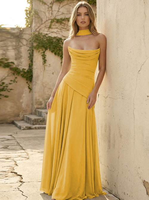 Chiffon Strapless Pleated A Line Bridesmaid Dresses with Scarf