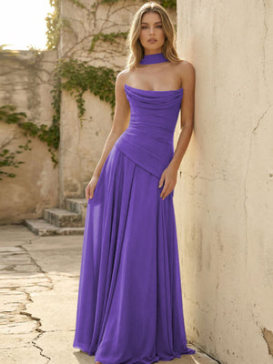 Chiffon Strapless Pleated A Line Bridesmaid Dresses with Scarf