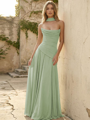 Chiffon Strapless Pleated A Line Bridesmaid Dresses with Scarf