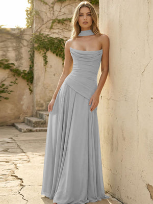 Chiffon Strapless Pleated A Line Bridesmaid Dresses with Scarf