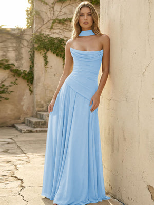 Chiffon Strapless Pleated A Line Bridesmaid Dresses with Scarf