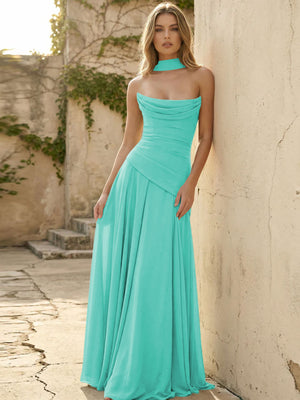 Chiffon Strapless Pleated A Line Bridesmaid Dresses with Scarf