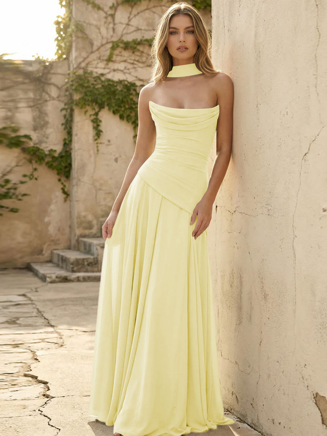 Chiffon Pleated A Line Strapless Formal Dresses with Scarf