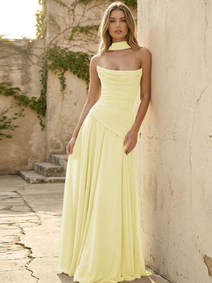 Chiffon Strapless Pleated A Line Bridesmaid Dresses with Scarf