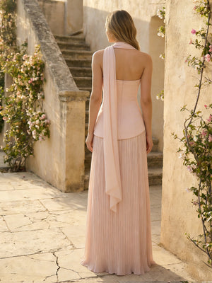 Chiffon Strapless Pleated High Slit A Line Bridesmaid Dresses with Scarf