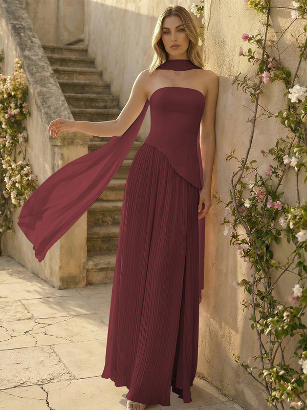 Chiffon Strapless Pleated High Slit A Line Bridesmaid Dresses with Scarf