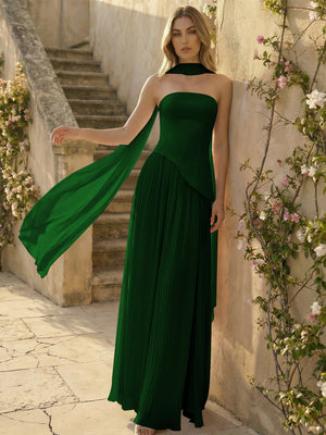 Chiffon Strapless Pleated High Slit A Line Bridesmaid Dresses with Scarf
