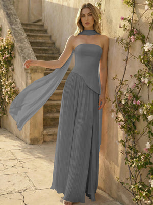 Chiffon Strapless Pleated High Slit A Line Bridesmaid Dresses with Scarf