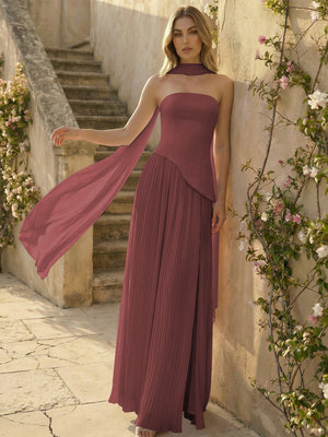 Chiffon Strapless Pleated High Slit A Line Bridesmaid Dresses with Scarf
