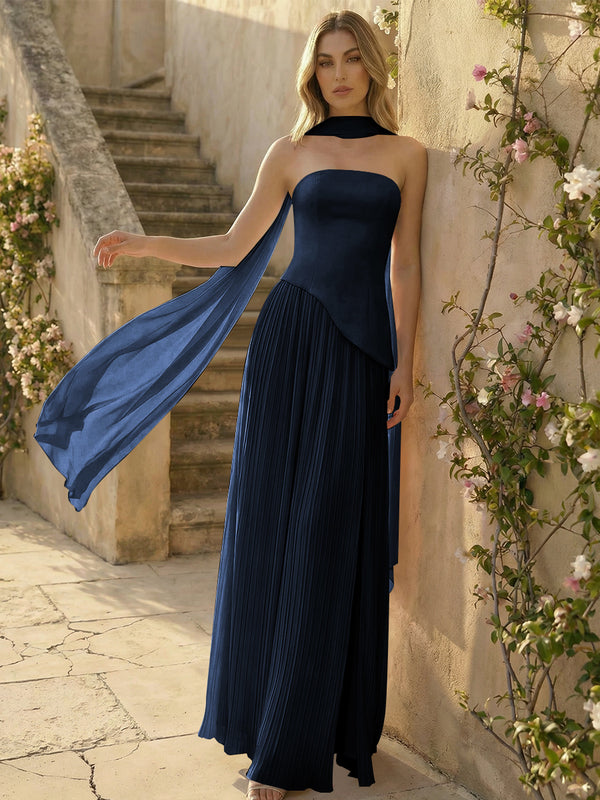 Chiffon Strapless Pleated High Slit A Line Bridesmaid Dresses with Scarf