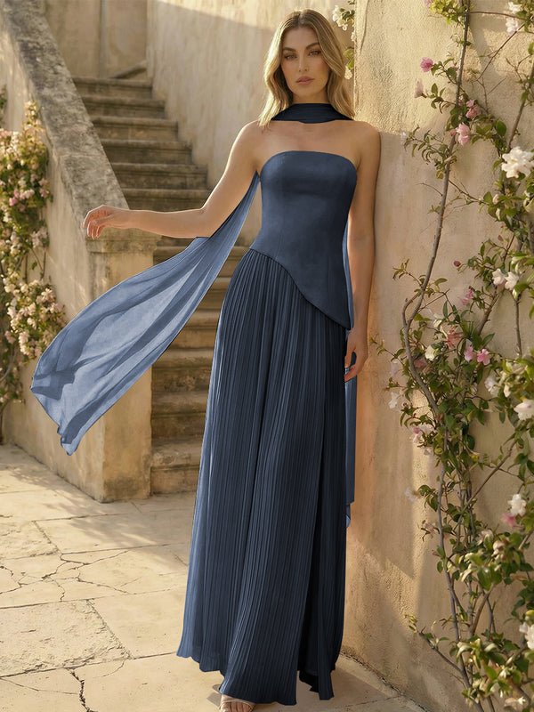 Chiffon Strapless Pleated High Slit A Line Bridesmaid Dresses with Scarf