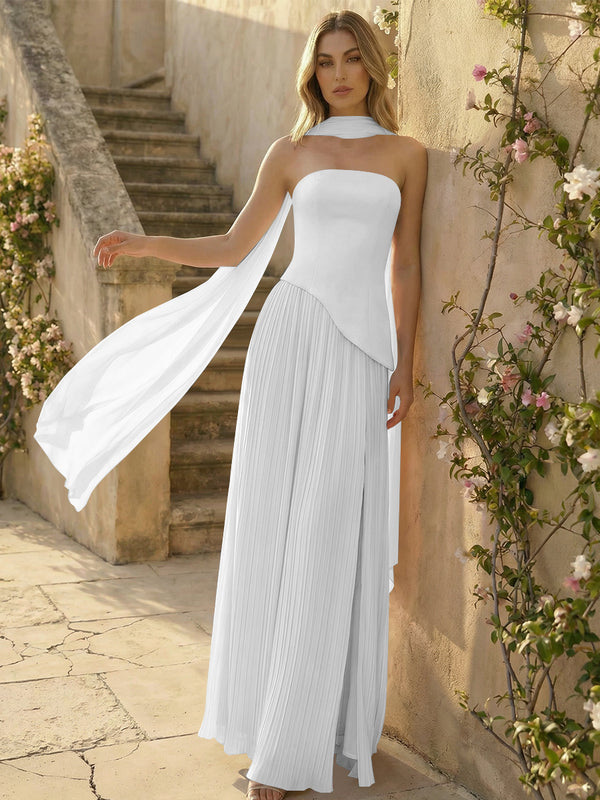Chiffon Strapless Pleated High Slit A Line Bridesmaid Dresses with Scarf