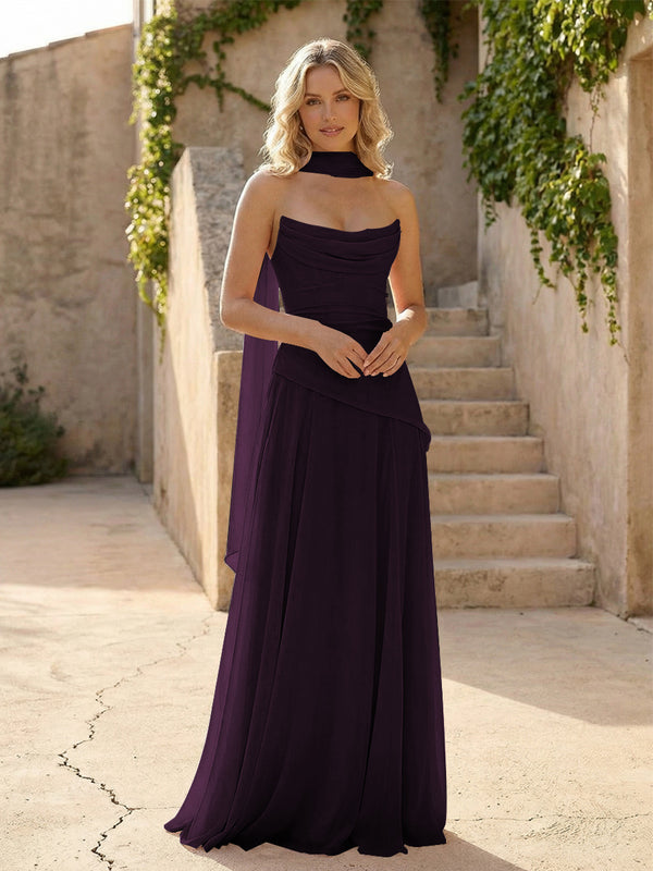 Strapless Chiffon Pleated Mermaid Bridesmaid Dresses with Scarf