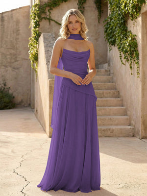 Strapless Chiffon Pleated Mermaid Bridesmaid Dresses with Scarf