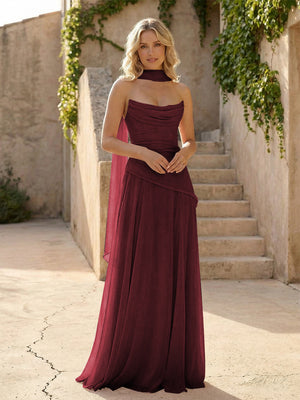 Strapless Chiffon Pleated Mermaid Bridesmaid Dresses with Scarf