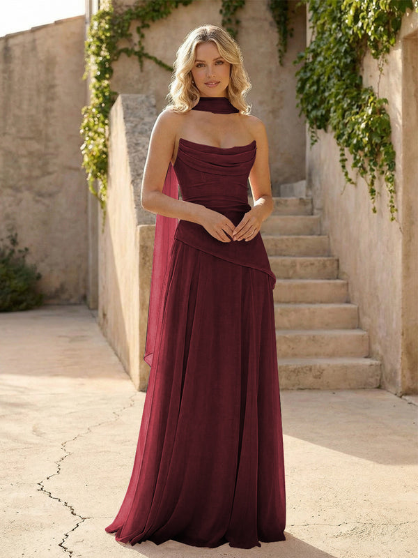 Strapless Chiffon Pleated Mermaid Bridesmaid Dresses with Scarf