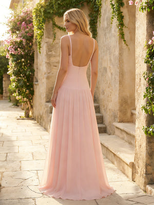 Chiffon V Neck Cut Out Pleated A Line Wedding Guest Dresses