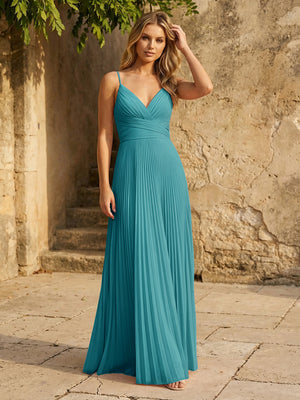 Chiffon V Neck Corset Spaghetti Straps Pleated Bridesmaid Dresses