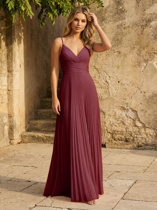 Chiffon V Neck Corset Spaghetti Straps Pleated Bridesmaid Dresses