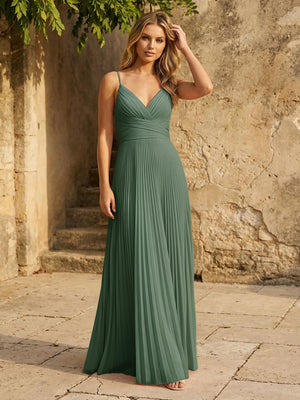 Chiffon V Neck Corset Spaghetti Straps Pleated Bridesmaid Dresses