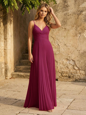 Chiffon V Neck Corset Spaghetti Straps Pleated Bridesmaid Dresses