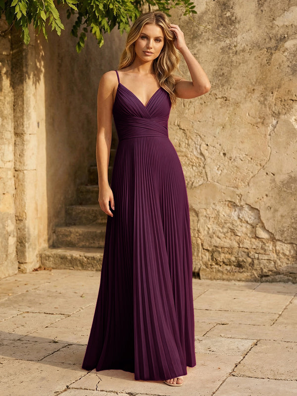 Chiffon V Neck Corset Spaghetti Straps Pleated Bridesmaid Dresses