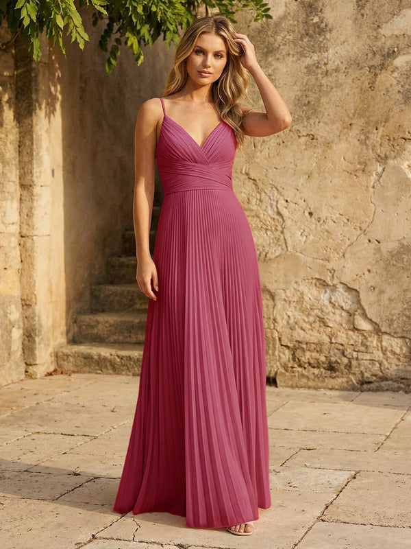 Chiffon V Neck Corset Spaghetti Straps Pleated Bridesmaid Dresses