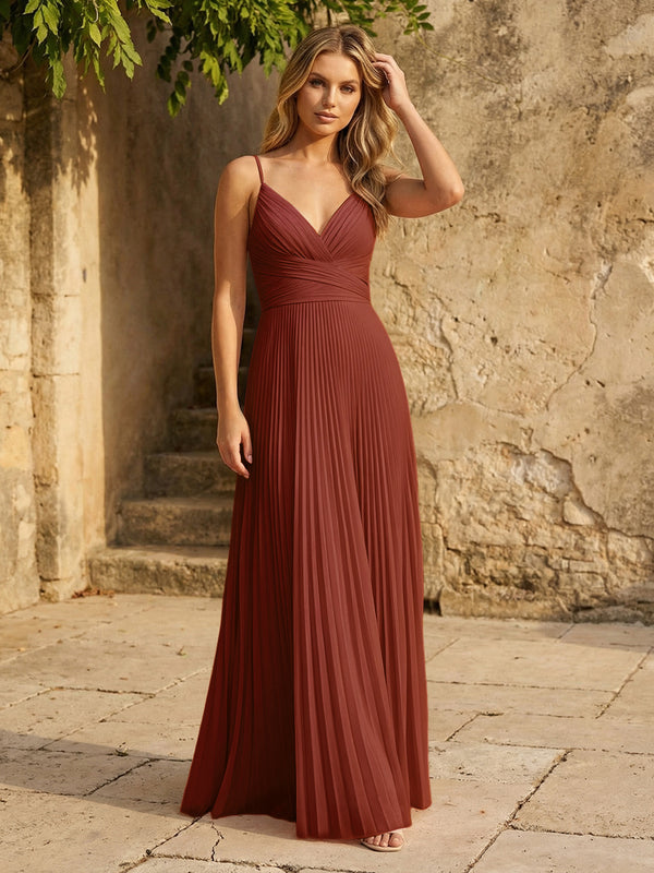 Chiffon V Neck Corset Spaghetti Straps Pleated Bridesmaid Dresses